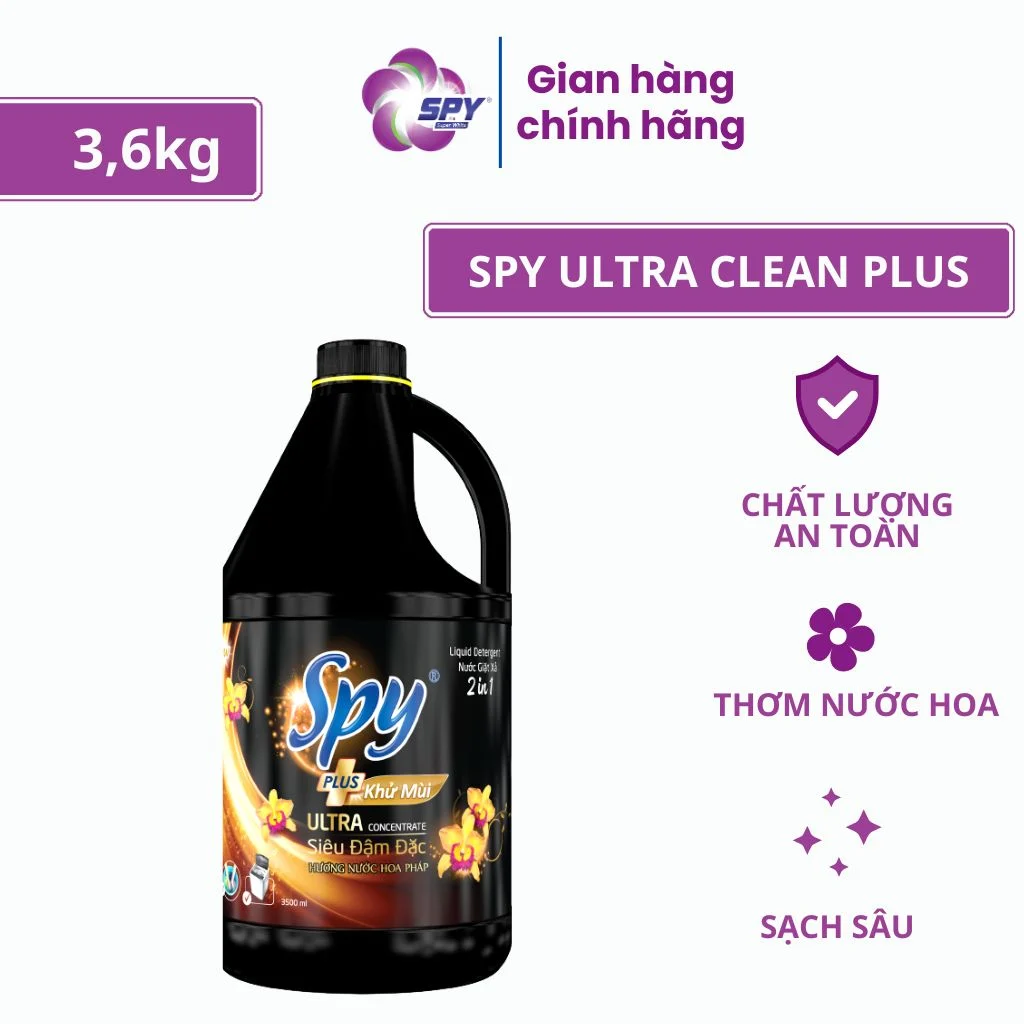 Nước giặt xả 2 trong 1 SPY Ultra Clean Plus sạch khuẩn, khử mùi, hương tinh tế, êm dịu 3,6kg