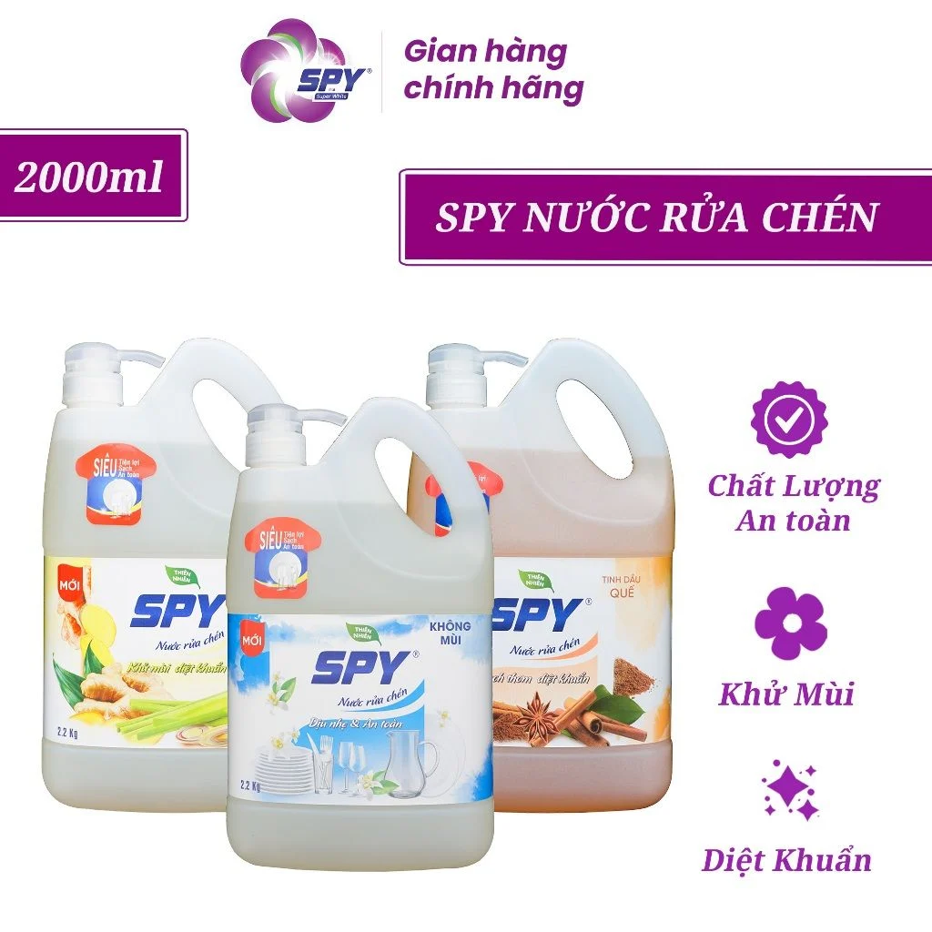 Nước rửa chén SPY thành phần thiên nhiên hương Quế, Gừng Sả khử mùi hôi tanh và xua đuổi côn trùng 2000ml