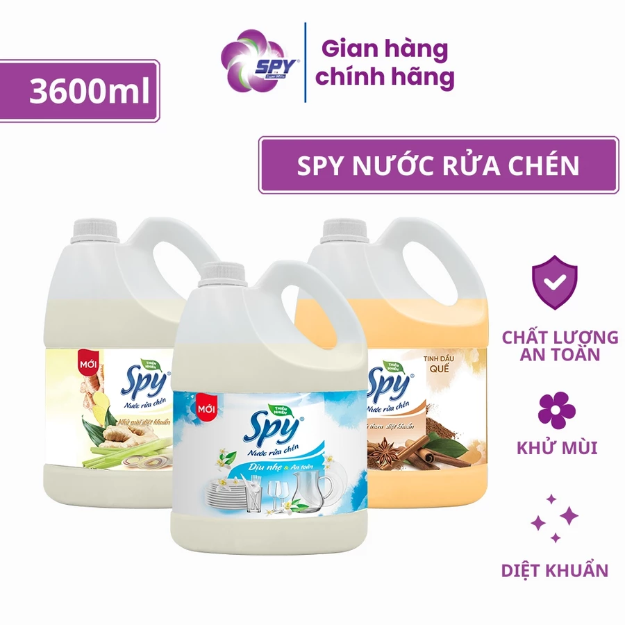Nước rửa chén SPY thành phần thiên nhiên hương Quế, Gừng Sả khử mùi hôi tanh và xua đuổi côn trùng 3600ml