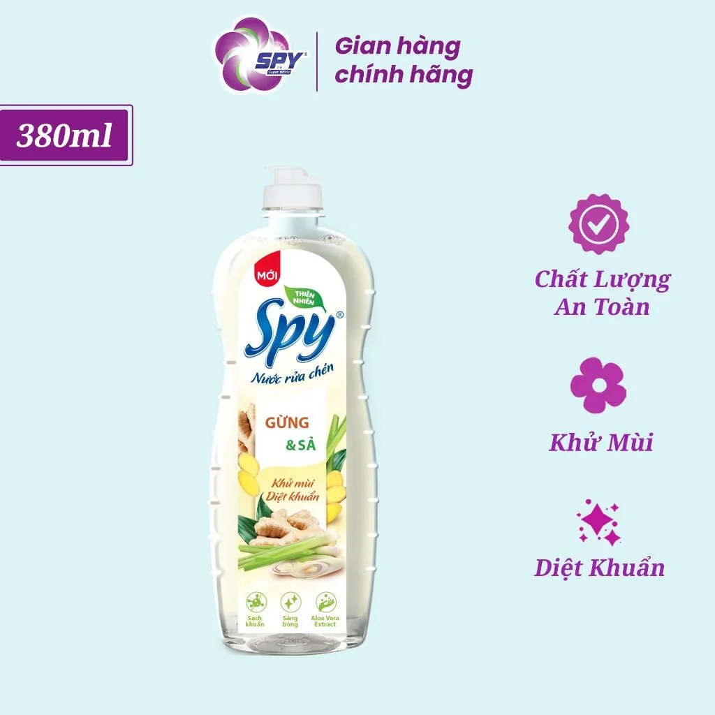 Nước rửa chén SPY thành phần thiên nhiên hương Quế, Gừng Sả khử mùi hôi tanh và xua đuổi côn trùng 380ml