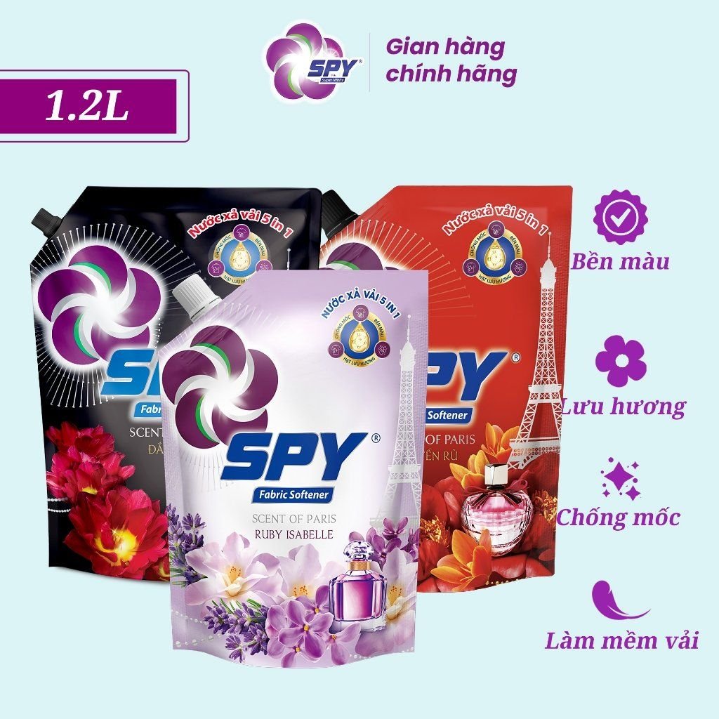 Nước xả vải Spy 5 trong 1 công nghệ hạt lưu hương, chống mốc, hương đắm say 1,2L